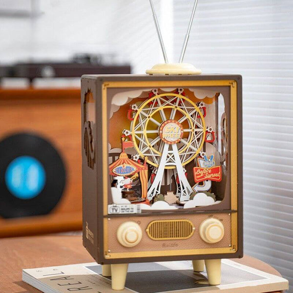 vintage music box, retro TV music box, DIY puzzle music box, Ferris wheel music box, wooden puzzle kit, carnival music box, DIY wooden music box, collectible wooden music box, Ferris wheel with music, 3D music box, retro decor, unique gifts for collectors, DIY wooden puzzle, home decor, musical TV box, vintage gift ideas