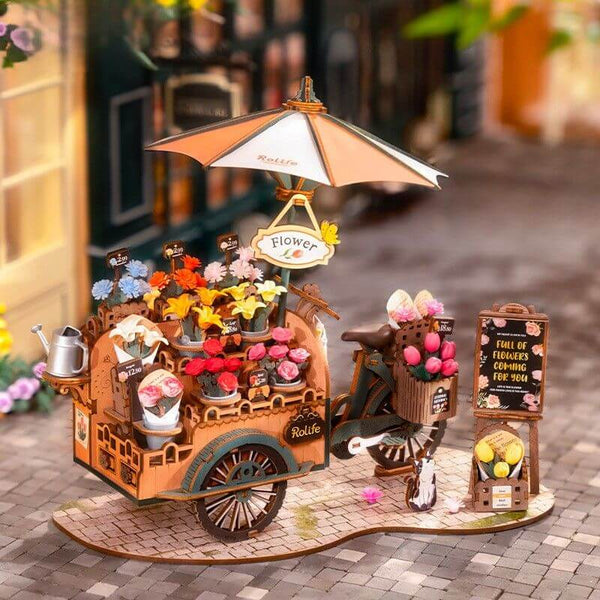 DIY flower cart, 3D wooden flower cart, wooden garden cart, flower cart model, DIY flower puzzle, wooden cart puzzle kit, wooden flower pot display, flower cart with umbrella, gardening gift, wooden gardening model, DIY wooden puzzle kit, flower cart décor, miniature flower cart, eco-friendly flower kit, wooden flower arrangement model