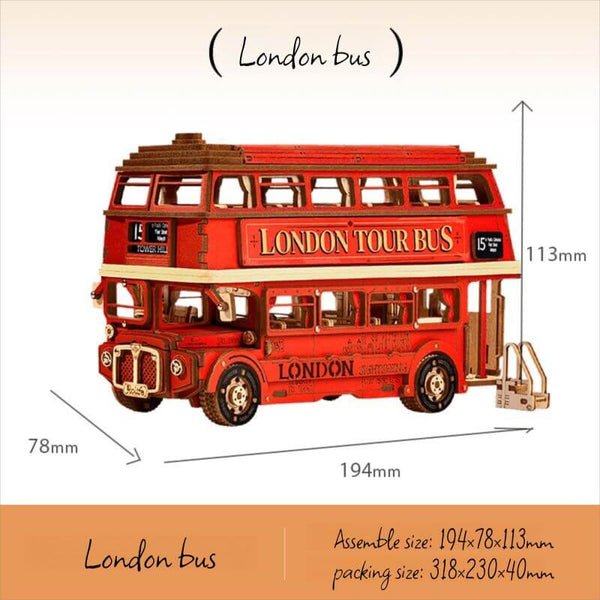 DIY London bus model, 3D wooden puzzle kit, London double-decker bus, red London bus model, wooden London bus, DIY travel bus puzzle, iconic London bus, wooden bus model, London tour bus, DIY double-decker bus, travel model kit, collectible London bus, DIY wooden puzzle, iconic red bus model, eco-friendly wooden puzzle