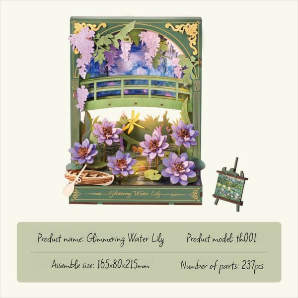 DIY water lily puzzle, 3D wooden water lily model, wooden flower puzzle kit, DIY nature scene, water lily craft, wooden flower arrangement kit, DIY wooden flower model, nature-inspired décor, water lily pond model, wooden bridge puzzle, DIY flower puzzle kit, wooden wisteria flowers, eco-friendly DIY model, water lily 3D kit, nature-inspired wooden model, relaxing wooden puzzle