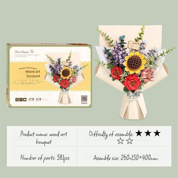 DIY floral bouquet, 3D wooden flower kit, wooden bouquet puzzle, DIY flower arrangement, wooden sunflower model, floral craft kit, DIY wooden floral arrangement, wood art bouquet, wooden flower puzzle, eco-friendly flower kit, sunflower puzzle, wooden floral display, floral DIY kit, wooden flower art kit, floral model for display
